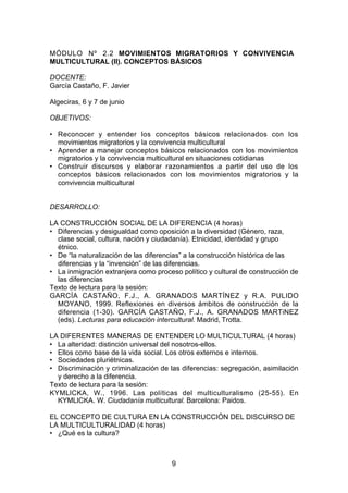 MÓDULO Nº 2.2 MOVIMIENTOS MIGRATORIOS Y CONVIVENCIA
MULTICULTURAL (II). CONCEPTOS BÁSICOS

DOCENTE:
García Castaño, F. Javier

Algeciras, 6 y 7 de junio

OBJETIVOS:

• Reconocer y entender los conceptos básicos relacionados con los
  movimientos migratorios y la convivencia multicultural
• Aprender a manejar conceptos básicos relacionados con los movimientos
  migratorios y la convivencia multicultural en situaciones cotidianas
• Construir discursos y elaborar razonamientos a partir del uso de los
  conceptos básicos relacionados con los movimientos migratorios y la
  convivencia multicultural


DESARROLLO:

LA CONSTRUCCIÓN SOCIAL DE LA DIFERENCIA (4 horas)
• Diferencias y desigualdad como oposición a la diversidad (Género, raza,
  clase social, cultura, nación y ciudadanía). Etnicidad, identidad y grupo
  étnico.
• De “la naturalización de las diferencias” a la construcción histórica de las
  diferencias y la “invención” de las diferencias.
• La inmigración extranjera como proceso político y cultural de construcción de
  las diferencias
Texto de lectura para la sesión:
GARCÍA CASTAÑO, F.J., A. GRANADOS MARTÍNEZ y R.A. PULIDO
  MOYANO, 1999. Reflexiones en diversos ámbitos de construcción de la
  diferencia (1-30). GARCÍA CASTAÑO, F.J., A. GRANADOS MARTiNEZ
  (eds). Lecturas para educación intercultural. Madrid, Trotta.

LA DIFERENTES MANERAS DE ENTENDER LO MULTICULTURAL (4 horas)
• La alteridad: distinción universal del nosotros-ellos.
• Ellos como base de la vida social. Los otros externos e internos.
• Sociedades pluriétnicas.
• Discriminación y criminalización de las diferencias: segregación, asimilación
  y derecho a la diferencia.
Texto de lectura para la sesión:
KYMLlCKA, W., 1996. Las políticas del multiculturalismo (25-55). En
  KYMLlCKA. W. Ciudadanía multicultural. Barcelona: Paidos.

EL CONCEPTO DE CULTURA EN LA CONSTRUCCIÓN DEL DISCURSO DE
LA MULTICULTURALIDAD (4 horas)
• ¿Qué es la cultura?



                                      9
 