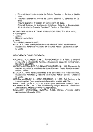 • Tribunal Superior de Justicia de Galicia, Sección 1ª, Sentencia 14-11-
    2001
  • Tribunal Superior de Justicia de Madrid, Sección 1ª, Sentencia 14-03-
    2002
  • Tribunal Supremo, 3ª sección 6ª, Sentencia 05-06-2002.
  • Tribunal Superior de Justicia de Andalucía, Sala de lo Contencioso-
    Administrativo de Granada, Sección 1ª, Sentencia 27-01-2003.

LEY DE EXTRANJERÍA Y OTRAS NORMATIVAS ESPECÍFICAS (4 horas)
• Contingente
• Arraigo
• Régimen comunitario
• Asilo
Texto de lectura para la sesión:
ELORZA, A., 1992, Texto presentado a las Jornadas sobre “Nacionalismos,
  Migraciones, Xenofobia y Racismo en el Mundo Actual”. Sevilla: Fundación
  El Monte.


BIBLIOGRAFÍA COMPLEMENTARIA:

CALLABED, J., COMELLAS, M. J., MARDOMINGO, M. J. 1998. El entorno
  social, niño y adolescente. Familia, adolescencia, adopción e inmigración.
  Barcelona, LEARTES.
CARRERA HERNÁNDEZ, F.J., NAVARRO BATISTA, N., 1999. El espacio de
  libertad, seguridad y justicia en la Unión Europea. Textos Fundamentales.
  Madrid: Tecnos.
ELORZA, A., 1992, Texto presentado a las Jornadas sobre “Nacionalismos,
  Migraciones, Xenofobia y Racismo en el Mundo Actual”. Sevilla: Fundación
  El Monte.
GARCÍA MARTÍNEZ, A., SÁEZ CARRERAS, J. 1.998. Del Racismo a la
  Interculturalidad. Competencia de la Educación. Madrid, NARCEA.
LÓPEZ- MUÑIZ GOÑI, M., 2001. La nueva Ley de Extranjería. Madrid, COLEX.
REQUERO IBÁÑEZ, J.L.. 1.997. Extranjería y refugio: Práctica Contencioso-
  Administrativa. Madrid: Doctrina y Jurisprudencia.
SALVADOR GUTIERREZ, SUSANA. 1.996. Manual Práctico Sobre
  Nacionalidad. Granada, 1.996.




                                    16
 