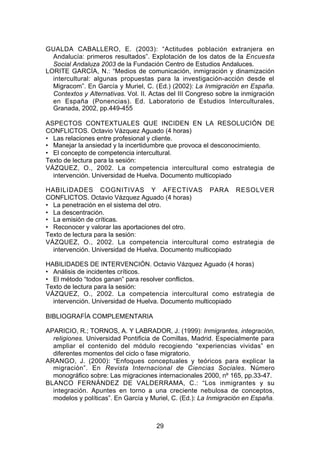 GUALDA CABALLERO, E. (2003): “Actitudes población extranjera en
  Andalucía: primeros resultados”. Explotación de los datos de la Encuesta
  Social Andaluza 2003 de la Fundación Centro de Estudios Andaluces.
LORITE GARCÍA, N.: “Medios de comunicación, inmigración y dinamización
  intercultural: algunas propuestas para la investigación-acción desde el
  Migracom”. En García y Muriel, C. (Ed.) (2002): La Inmigración en España.
  Contextos y Alternativas. Vol. II. Actas del III Congreso sobre la inmigración
  en España (Ponencias). Ed. Laboratorio de Estudios Interculturales,
  Granada, 2002, pp.449-455

ASPECTOS CONTEXTUALES QUE INCIDEN EN LA RESOLUCIÓN DE
CONFLICTOS. Octavio Vázquez Aguado (4 horas)
• Las relaciones entre profesional y cliente.
• Manejar la ansiedad y la incertidumbre que provoca el desconocimiento.
• El concepto de competencia intercultural.
Texto de lectura para la sesión:
VÁZQUEZ, O., 2002. La competencia intercultural como estrategia de
  intervención. Universidad de Huelva. Documento multicopiado

HABILIDADES COGNITIVAS Y AFECTIVAS PARA RESOLVER
CONFLICTOS. Octavio Vázquez Aguado (4 horas)
• La penetración en el sistema del otro.
• La descentración.
• La emisión de críticas.
• Reconocer y valorar las aportaciones del otro.
Texto de lectura para la sesión:
VÁZQUEZ, O., 2002. La competencia intercultural como estrategia de
  intervención. Universidad de Huelva. Documento multicopiado

HABILIDADES DE INTERVENCIÓN. Octavio Vázquez Aguado (4 horas)
• Análisis de incidentes críticos.
• El método “todos ganan” para resolver conflictos.
Texto de lectura para la sesión:
VÁZQUEZ, O., 2002. La competencia intercultural como estrategia de
  intervención. Universidad de Huelva. Documento multicopiado

BIBLIOGRAFÍA COMPLEMENTARIA

APARICIO, R.; TORNOS, A. Y LABRADOR, J. (1999): Inmigrantes, integración,
  religiones. Universidad Pontificia de Comillas, Madrid. Especialmente para
  ampliar el contenido del módulo recogiendo “experiencias vividas” en
  diferentes momentos del ciclo o fase migratorio.
ARANGO, J. (2000): “Enfoques conceptuales y teóricos para explicar la
  migración”. En Revista Internacional de Ciencias Sociales. Número
  monográfico sobre: Las migraciones internacionales 2000, nº 165, pp.33-47.
BLANCO FERNÁNDEZ DE VALDERRAMA, C.: “Los inmigrantes y su
  integración. Apuntes en torno a una creciente nebulosa de conceptos,
  modelos y políticas”. En García y Muriel, C. (Ed.): La Inmigración en España.



                                      29
 
