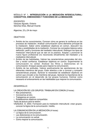MÓDULO Nº 1. INTRODUCCIÓN A LA MEDIACIÓN INTERCULTURAL:
CONCEPTOS, DIMENSIONES Y FUNCIONES DE LA MEDIACIÓN

DOCENTES:
Vázquez Aguado, Octavio
Sánchez Elías, Manuel Vicente

Algeciras, 23 y 24 de mayo


OBJETIVOS:

• Ámbito de los conocimientos. Conocer cómo se genera la confianza en los
  procesos de mediación. Analizar comunicación como elemento principal de
  la mediación. Saber cómo establecer objetivos en común, descubrir los
  límites y posibilidades de la mediación. Conocer los conceptos básicos sobre
  definición, perfil y funciones del mediador intercultural. Distinguir los tipos de
  mediación intercultural que se dan en la práctica. Aceptar y promover la
  nueva figura profesional (no reconocida oficialmente) del mediador y la
  mediadora intercultural.
• Ámbito de las habilidades. Valorar las características personales del otro.
  Dar y recibir confianza. Establecer objetivos en común. Experimentar la
  comunicación no verbal. Analizar los filtros y distorsiones en la
  comunicación. Ensayar pautas para mejorar la comunicación.
• Ámbito de las actitudes. Valorar positivamente las aportaciones de los
  diferentes miembros del grupo. Estar abiertos a dar a conocer y compartir
  características propias. Apreciar la necesidad de establecer objetivos en
  común que vinculen a los miembros del grupo. Apreciar la importancia de la
  comunicación en el desarrollo de los grupos humanos. Estimar como
  necesario el entrenamiento en las habilidades que mejoran la comunicación.


DESARROLLO:

LA CREACIÓN DE LOS GRUPOS: TRABAJAR EN COMÚN (3 horas)
• Nos presentamos.
• Conocemos al otro.
• Trabajamos en común.
• Establecemos objetivos compartidos
Texto de lectura para la sesión:
VÁZQUEZ, O. 2003. Formación para la mediación intercultural. crear grupos.
  conocer la lógica de la comunicación. Inédito.

LA COMUNICACIÓN EN LA MEDIACIÓN (4 horas)
• La lógica de la comunicación.
• Las distorsiones en la comunicación.
• La comunicación no verbal.
• Cómo mejorar la comunicación.



                                         1
 