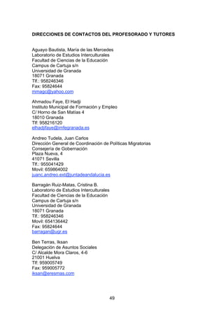 DIRECCIONES DE CONTACTOS DEL PROFESORADO Y TUTORES


Aguayo Bautista, María de las Mercedes
Laboratorio de Estudios Interculturales
Facultad de Ciencias de la Educación
Campus de Cartuja s/n
Universidad de Granada
18071 Granada
Tlf.: 958246346
Fax: 95824644
mmagc@yahoo.com

Ahmadou Faye, El Hadji
Instituto Municipal de Formación y Empleo
C/ Horno de San Matías 4
18010 Granada
Tlf: 958216120
elhadjifaye@imfegranada.es

Andreo Tudela, Juan Carlos
Dirección General de Coordinación de Políticas Migratorias
Consejería de Gobernación
Plaza Nueva, 4
41071 Sevilla
Tlf.: 955041429
Movil: 659864002
juanc.andreo.ext@juntadeandalucia.es

Barragán Ruiz-Matas, Cristina B.
Laboratorio de Estudios Interculturales
Facultad de Ciencias de la Educación
Campus de Cartuja s/n
Universidad de Granada
18071 Granada
Tlf.: 958246346
Movil: 654136442
Fax: 95824644
barragan@ugr.es

Ben Terras, Iksan
Delegación de Asuntos Sociales
C/ Alcalde Mora Claros, 4-6
21001 Huelva
Tlf: 959005749
Fax: 959005772
iksan@eresmas.com




                                          49
 