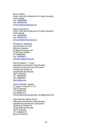 Bouzid, Nadia
Avda. Cristo de la Expiración s/n (bajo el puente)
41001 Sevilla
Tel.: 954902960
Fax: 954903168
formacion@sevillaacoge.org

Dieng, Ousseynou
Avda. Cristo de la Expiración s/n (bajo el puente)
41001 Sevilla
Tel.: 954902960
Fax: 954903168
formacion@sevillaacoge.org

El Kaddouri, Mustaphá
Ayuntamiento de Lepe
Servicios Sociales
C/ Miguel Rodríguez s/n
21440 Lepe, Huelva
Tlf: 959625004
Fax: 959380911
mkaddouri@ayto-lepe.es

García Castaño, F. Javier
Laboratorio de Estudios Interculturales
Facultad de Ciencias de la Educación
Campus de Cartuja s/n
Universidad de Granada
18071 Granada
Tlf.: 958246346
Fax: 95824644
fjgarcia@ugr.es

Garzón Morales, Ángeles
C/ Joaquín Costa Nº 4, 5º A
18010 Granada
Tel.:958225154
Fax:958221513
Correo electrónicocarlosruffa_such@hotmail.com

Gijón Sánchez, María Teresa
Laboratorio de Estudios Interculturales
Facultad de Ciencias de la Educación
Campus de Cartuja s/n
Universidad de Granada
18071 Granada
Tlf.: 9582463 45
Movil: 617081815



                                          50
 