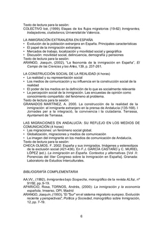 Texto de lectura para la sesión:
COLECTIVO Ioé, (1999). Etapas de los flujos migratorios (19-62) Inmigrantes,
  trabajadores, ciudadanos, Universitat de Valencia.

LA INMIGRACIÓN EXTRANJERA EN ESPAÑA
• Evolución de la población extranjera en España. Principales características
• El papel de la inmigración extranjera.
• Mercados de trabajo, localización y movilidad social y geográfica
• Discusión: movilidad social, delincuencia, demografía y pensiones
Texto de lectura para la sesión:
ARANGO, Joaquín, (2002), “La fisonomía de la inmigración en España”, El
  Campo de las Ciencias y las Artes, 139, p. 237-261.

LA CONSTRUCCIÓN SOCIAL DE LA REALIDAD (4 horas)
• La realidad y su representación social
• Los medios de comunicación y su influencia en la construcción social de la
  realidad
• El poder de los medios en la definición de lo que es socialmente relevante
• La percepción social de la inmigración. Las encuestas de opinión como
  conocimiento compartido: del fenómeno al problema.
Texto de lectura para la sesión:
GRANADOS MARTÍNEZ, A. 2000. La construcción de la realidad de la
  inmigración: el inmigrante extranjero en la prensa de Andalucía (135-168). I
  Jornades per a la integració, la convivencia i la ciutadania. Terrassa,
  Ajuntament de Terrassa.

LAS MIGRACIONES EN ANDALUCÍA: SU REFLEJO EN LOS MEDIOS DE
COMUNICACIÓN (4 horas)
• Las migraciones: un fenómeno social global.
• Globalización, migraciones y medios de comunicación
• La imagen del inmigrante en los medios de comunicación de Andalucía.
Texto de lectura para la sesión:
CHECA OLMOS, F. 2002: España y sus inmigrados. Imágenes y estereotipos
  de la exclusión social (421-436). En F.J. GARCÍA CASTAÑO y C. MURIEL
  LÓPEZ (ed.). La inmigración en España. Contextos y alternativas. [Vol .II:
  Ponencias del IIIer Congreso sobre la Inmigración en España]. Granada:
  Laboratorio de Estudios Interculturales.


BIBLIOGRAFÍA COMPLEMENTARIA

AA.VV., (1992), Inmigrantes bajo Sospecha, monográfico de la revista ALfoz, nº
  91/92, pp. 9-19.
APARICIO, Rosa, TORNOS, Andrés, (2000): La inmigración y la economía
  española, Imserso, OPI, Madrid
ARANGO, Joaquín, (1993), “El "Sur" en el sistema migratorio europeo. Evolución
  reciente y perspectivas", Política y Sociedad, monográfico sobre Inmigración,
  12, pp. 7-19.



                                      6
 