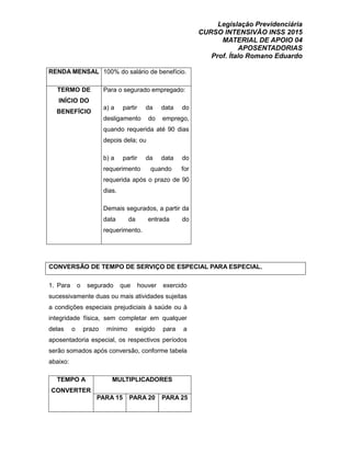 Legislação Previdenciária
CURSO INTENSIVÃO INSS 2015
MATERIAL DE APOIO 04
APOSENTADORIAS
Prof. Ítalo Romano Eduardo
RENDA MENSAL 100% do salário de benefício.
TERMO DE
INÍCIO DO
BENEFÍCIO
Para o segurado empregado:
a) a partir da data do
desligamento do emprego,
quando requerida até 90 dias
depois dela; ou
b) a partir da data do
requerimento quando for
requerida após o prazo de 90
dias.
Demais segurados, a partir da
data da entrada do
requerimento.
CONVERSÃO DE TEMPO DE SERVIÇO DE ESPECIAL PARA ESPECIAL.
1. Para o segurado que houver exercido
sucessivamente duas ou mais atividades sujeitas
a condições especiais prejudiciais à saúde ou à
integridade física, sem completar em qualquer
delas o prazo mínimo exigido para a
aposentadoria especial, os respectivos períodos
serão somados após conversão, conforme tabela
abaixo:
TEMPO A
CONVERTER
MULTIPLICADORES
PARA 15 PARA 20 PARA 25
 