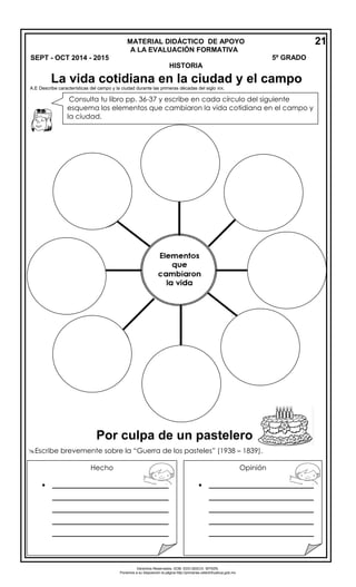 Derechos Reservados. GOB. EDO.SEECH. MTRZN. 
Ponemos a su disposición la página http://primarias.cetechihuahua.gob.mx 
A.E Describe características del campo y la ciudad durante las primeras décadas del siglo XIX. 
Escribe brevemente sobre la “Guerra de los pasteles” (1938 – 1839). 
Consulta tu libro pp. 36-37 y escribe en cada círculo del siguiente 
esquema los elementos que cambiaron la vida cotidiana en el campo y 
la ciudad. 
MATERIAL DIDÁCTICO DE APOYO 
A LA EVALUACIÓN FORMATIVA 
SEPT - OCT 2014 - 2015 5º GRADO 
HISTORIA 
21 
Hecho 
 ______________________________ 
______________________________ 
______________________________ 
______________________________ 
______________________________ 
___________ 
Opinión 
 ___________________________ 
___________________________ 
___________________________ 
___________________________ 
___________________________ 
___ 
___________________________ 
___________________________ 
_________________ 
La vida cotidiana en la ciudad y el campo 
Por culpa de un pastelero 
 
