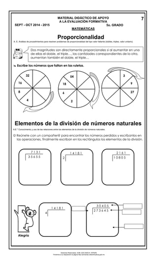 Derechos Reservados. GOB. EDO.SEECH. MTRZN. 
Ponemos a su disposición la página http://primarias.cetechihuahua.gob.mx 
A. E. Análisis de procedimientos para resolver problemas de proporcionalidad del tipo valor faltante (dobles, triples, valor unitario). 
 Escribe los números que faltan en las ruletas. 
A.E * Conocimiento y uso de las relaciones entre los elementos de la división de números naturales. 
 Reúnete con un compañer@ para encontrar los números perdidos y escríbanlos en 
las operaciones, finalmente escriban en los rectángulos los elementos de la división. 
4 
8 
16 
32 
2 
6 
18 
54 
3 
9 
27 
Dos magnitudes son directamente proporcionales si al aumentar en una 
de ellas el doble, el triple…, las cantidades correspondientes de la otra, 
aumentan también el doble, el triple… 
3 5 6 5 5 
7 1 3 1 1 4 1 8 1 
2 
2 1 6 1 
1 0 8 0 5 
1 4 1 8 1 
2 7 3 6 4 5 
3 0 4 0 5 
4 
Alegría 
MATERIAL DIDÁCTICO DE APOYO 
A LA EVALUACIÓN FORMATIVA 
SEPT - OCT 2014 - 2015 5o. GRADO 
MATEMÁTICAS 
7 
Proporcionalidad 
Elementos de la división de números naturales 
 