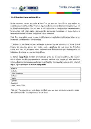Técnico em Logística
                                                                                      Inglês



1.4- Utilizando os recursos tipográficos


Neste momento, vamos aprender a identificar os recursos tipográficos, que podem ser
encontrados em vários textos. Veremos algumas atividades usando diferentes gêneros, a fim
de que você desenvolva, cada vez mais, a sua capacidade de compreensão. Utilizando essas
ferramentas você estará apto a compreender perguntas elaboradas em língua inglesa e
reconhecer diversos recursos tipográficos vistos em textos.
Você deve estar observando a nossa insistência com relação às estratégias de leitura e aos
elementos facilitadores da compreensão.

 O intuito é o de prepará-lo para enfrentar qualquer tipo de texto escrito, desde os que
tratem de assuntos gerais até textos mais específicos da sua área de trabalho.
Assim, mais uma vez, trazemos novos elementos que irão contribuir para aperfeiçoar a sua
habilidade de leitura: os recursos tipográficos.

As marcas tipográficas, também chamadas de pistas ou chaves tipográficas, são recursos
visuais usados nos textos para chamar a atenção do leitor. Elas podem, ou não, transmitir
informações representadas por palavras. Reconhecê-las é um auxílio bastante útil à leitura.A
seguir, alguns exemplos de marcas tipográficas.

Números
Símbolos
Títulos,Subtítulos
Gráficos
Tabelas
Legendas
Quadro 01
Fonte: o autor, 2012.

Fácil não? Vamos então ver uma rápida atividade para que você possa pôr em prática o uso
dessas ferramentas na compreensão de um texto.




                                                                                        13
 