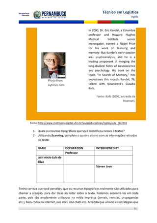 Técnico em Logística
                                                                                           Inglês



                                                        In 2000, Dr. Eric Kandel, a Columbia
                                                        professor and Howard Hughes
                                                        Medical        Institute       senior
                                                        investigator, earned a Nobel Prize
                                                        for his work on learning and
                                                        memory. But Kandel's early passion
                                                        was psychoanalysis, and he is a
                                                        leading proponent of merging the
                                                        long-divided fields of neuroscience
                                                        and psychology. His book on the
                                                        topic, "In Search of Memory," hits
                      Photo from                        bookstores this month. Kandel, 76,
                      nytimes.com                       talked with Newsweek's Claudia
                                                        Kalb.

                                                              Fonte: Kalb (2006, extraído da
                                                                                   Internet).




        Fonte: http://www.metropoledigital.ufrn.br/aulas/disciplinas/ingles/aula_06.html

           1- Quais os recursos tipográficos que você identificou nesses 3 textos?
           2- Utilizando Scanning, complete o quadro abaixo com as informações retiradas
              do texto:

              NAME                   OCCUPATION               INTERVIEWED BY
                                     Professor
              Luiz Inácio Lula da
              Silva
                                                              Steven Levy




Tenho certeza que você percebeu que os recursos tipográficos realmente são utilizados para
chamar a atenção, para dar dicas ao leitor sobre o texto. Podemos encontrá-los em toda
parte, pois são amplamente utilizados na mídia impressa (jornais, revistas, propagandas
etc.), bem como na internet, nos sites, nos chats etc. Acredito que unindo as estratégias que
                                                                                             15
 
