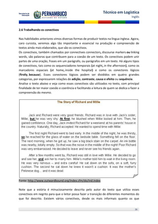 Técnico em Logística
                                                                                        Inglês



2.6 Trabalhando os conectivos

Nas habilidades anteriores vimos diversas formas de produzir textos na língua inglesa. Agora,
caro cursista, veremos algo tão importante e essencial na produção e compreensão de
textos ainda mais elaborados, que são os conectivos.
Os conectivos, também chamados por connectives connectors, discourse markers ou linking
words, são palavras que contribuem para a coesão de um texto. Os conectivos podem unir
partes de uma oração, frases em um parágrafo, ou parágrafos em um texto. Há alguns tipos
de conectivos, tais como os sequenciadores temporais (at night, in the afternoon), como os
marcadores espaciais (at home, inside the hospital) e como os conectores lógicos
(firstly, because). Esses conectores lógicos podem ser divididos em quatro grandes
categorias, por expressarem relações de adição, contraste, causa e efeito ou sequência.
Analise o texto abaixo e veja como esses conectivos são utilizados no texto, com principal
finalidade de ter maior coesão e coerência e facilitando a leitura de quem se dedica a fazer a
compreensão do mesmo.




Fonte: http://www.outwardbound.org/index.cfm/do/ind.index

Note que a estória é minuciosamente descrita pelo autor do texto que utiliza esses
conectivos em negrito para que o leitor possa fazer a transição de diferentes momentos do
que foi descrito. Existem vários conectivos, desde os mais informais quanto os que


                                                                                          26
 