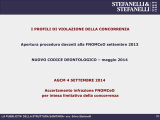 LA PUBBLICITA’ DELLA STRUTTURA SANITARIA– avv. Silvia Stefanelli
I PROFILI DI VIOLAZIONE DELLA CONCORRENZA
Apertura procedura davanti alla FNOMCeO settembre 2013
NUOVO CODICE DEONTOLOGICO – maggio 2014
AGCM 4 SETTEMBRE 2014
Accertamento infrazione FNOMCeO
per intesa limitativa della concorrenza
20
 