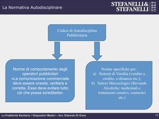 La Pubblicità Sanitaria: I Dispositivi Medici – Avv. Edoardo Di Gioia
La Normativa Autodisciplinare
12
Codice di Autodisciplina
Pubblicitaria
Norme di comportamento degli
operatori pubblicitari
«La comunicazione commerciale
deve essere onesta, veritiera e
corretta. Essa deve evitare tutto
ciò che possa screditarla»
Norme specifiche per:
a)  Sistemi di Vendita (vendite a
credito, a distanza etc.);
b)  Settori Merceologici (Bevande
Alcoliche; medicinali e
trattamenti curativi, cosmetici
etc.)
 