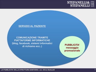 LA PUBBLICITA’ DELLA STRUTTURA SANITARIA– avv. Silvia Stefanelli 7
SERVIZIO AL PAZIENTE
COMUNICAZIONE TRAMITE
PIATTAFORME INFORMATICHE
(blog, facebook, sistemi informatici
di richiamo ecc..)
PUBBLICITA’
messaggio
promozionale
 