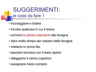 SUGGERIMENTI:
le cose da fare 1
• Incoraggiare e lodare
• trovare qualcosa in cui è bravo
• scrivere le parole importanti alla lavagna
• dare molto tempo per copiare dalla lavagna
• metterlo in prima fila;
• lasciarlo lavorare con il testo aperto
• alleggerire il carico cognitivo;
• assegnare meno compito.
 