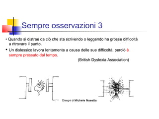 Sempre osservazioni 3
• Quando si distrae da ciò che sta scrivendo o leggendo ha grosse difficoltà
a ritrovare il punto.
• Un dislessico lavora lentamente a causa delle sue difficoltà, perciò è
sempre pressato dal tempo.
(British Dyslexia Association)
Disegni di Michele Nasetta
 