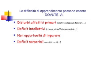 Le difficoltà di apprendimento possono essere
DOVUTE A:
 Disturbi affettivi primari (emotivo-relazionali,familiari, …)
 Deficit intellettivi (ritardo o insufficienza mentale, ..)
 Non opportunità di imparare
 Deficit sensoriali (sordità, cecità, ..)
 