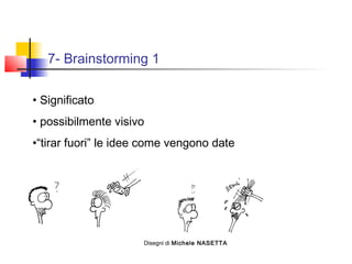 7- Brainstorming 1
• Significato
• possibilmente visivo
•“tirar fuori” le idee come vengono date
Disegni di Michele NASETTA
 