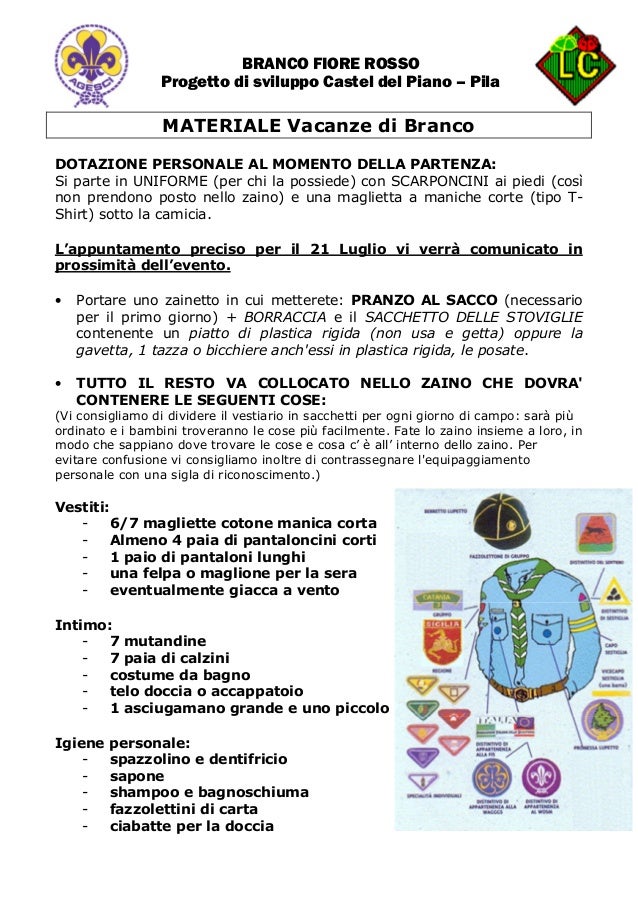 Materiale da portare v.d.b.