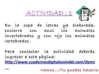 En la sopa de letras ya elaborada, encierra con azul los animales invertebrados y con rojo los animales vertebrados. Para contestar la actividad deberás ingresar a esta página : http://www.cuadernosdigitalesvindel.com/demo/f_sopa_de_letras.php   Vamos…¡Tu puedes hacerlo ! 