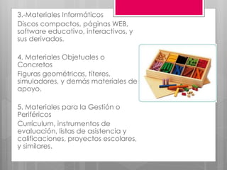 3.-Materiales Informáticos 
Discos compactos, páginas WEB, 
software educativo, interactivos, y 
sus derivados. 
4. Materiales Objetuales o 
Concretos 
Figuras geométricas, títeres, 
simuladores, y demás materiales de 
apoyo. 
5. Materiales para la Gestión o 
Periféricos 
Currículum, instrumentos de 
evaluación, listas de asistencia y 
calificaciones, proyectos escolares, 
y similares. 
 