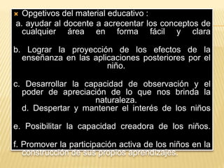  Opgetivos del material educativo : 
a. ayudar al docente a acrecentar los conceptos de 
cualquier área en forma fácil y clara 
b. Lograr la proyección de los efectos de la 
enseñanza en las aplicaciones posteriores por el 
niño. 
c. Desarrollar la capacidad de observación y el 
poder de apreciación de lo que nos brinda la 
naturaleza. 
d. Despertar y mantener el interés de los niños 
e. Posibilitar la capacidad creadora de los niños. 
f. Promover la participación activa de los niños en la 
construcción de sus propios aprendizajes. 
 