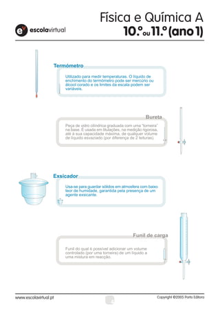 Termómetro

    Utilizado para medir temperaturas. O líquido de
    enchimento do termómetro pode ser mercúrio ou
    álcool corado e os limites da escala podem ser
    variáveis.




                                                 Bureta
    Peça de vidro cilíndrica graduada com uma “torneira”
    na base. É usada em titulações, na medição rigorosa,
    até à sua capacidade máxima, de qualquer volume
    de líquido esvaziado (por diferença de 2 leituras).




Exsicador
Exsicador
    Usa-se para guardar sólidos em atmosfera com baixo
    teor de humidade, garantida pela presença de um
    agente exsicante.




                                          Funil de carga

    Funil do qual é possível adicionar um volume
    controlado (por uma torneira) de um líquido a
    uma mistura em reacção.




                             4
 