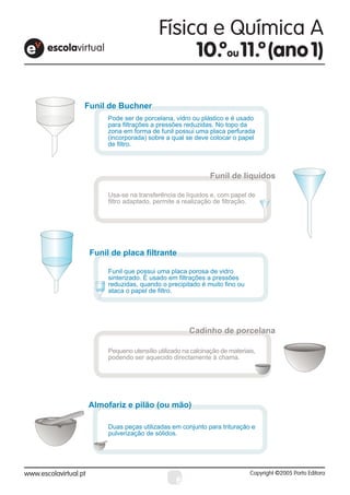 Funil de Buchner
      Pode ser de porcelana, vidro ou plástico e é usado
      para filtrações a pressões reduzidas. No topo da
      zona em forma de funil possui uma placa perfurada
      (incorporada) sobre a qual se deve colocar o papel
      de filtro.



                                            Funil de líquidos

      Usa-se na transferência de líquidos e, com papel de
      filtro adaptado, permite a realização de filtração.




 Funil de placa filtrante

      Funil que possui uma placa porosa de vidro
      sinterizado. É usado em filtrações a pressões
      reduzidas, quando o precipitado é muito fino ou
      ataca o papel de filtro.




                                    Cadinho de porcelana

      Pequeno utensílio utilizado na calcinação de materiais,
      podendo ser aquecido directamente à chama.




Almofariz e pilão (ou mão)

      Duas peças utilizadas em conjunto para trituração e
      pulverização de sólidos.




                               6
 