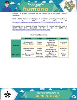 18
 Sánchez, S. (1996) Diccionario de las ciencias de la educación. México:
Santillana.
 SENA. (2008). Manual de estrategias de enseñanza-aprendizaje. Consultado el
2 de abril de 2016, en
http://www.cepefsena.org/documentos/METODOLOGIAS%20ACTIVAS.pdf
 Universidad de La Laguna. (2002). Elaboración de material didáctico para la
World Wide Web. Consultado el 05 de abril de 2016, en
http://tecnologiaedu.us.es/cuestionario/bibliovir/dic_2.pdf
Control del documento
Nombre Cargo Dependencia Fecha
Autores
Olga Marcela
Valencia Gómez
Experta
temática
Centro de
Comercio y
Servicios.
Regional Caldas
Octubre de
2014
Lina María Franco
Arbeláez
Experta
temática
Centro
Agroindustrial.
Regional Quindío
Marzo de
2016
Adaptación
Luz Clarena Arias
González
Guionista -
Línea de
Producción
Centro
Agroindustrial.
Regional Quindío
Abril de
2016
 