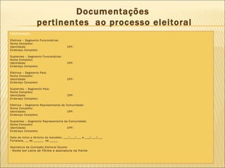 Documentações  pertinentes  ao processo eleitoral CONTINUAÇÃO... Efetivos – Segmento Funcionários:  Nome Completo: Identidade:  CPF: Endereço Completo: Suplentes – Segmento Funcionários: Nome Completo: Identidade:  CPF: Endereço Completo: Efetivos – Segmento Pais:  Nome Completo: Identidade:  CPF: Endereço Completo: Suplentes – Segmento Pais: Nome Completo: Identidade:  CPF: Endereço Completo: Efetivos – Segmento Representante da Comunidade:  Nome Completo: Identidade:  CPF: Endereço Completo: Suplentes – Segmento Representante da Comunidade: Nome Completo: Identidade:  CPF: Endereço Completo: Data de início e término do mandato: ___/___/___ a ___/___/___ Fortaleza, __ de ______  de _____ Assinatura da Comissão Eleitoral Escolar - Nome em Letra de Fôrma e assinatura na frente 
