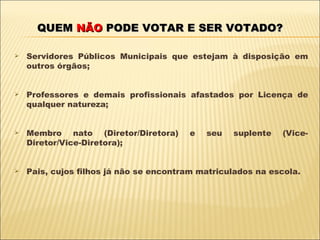 QUEM  NÃO  PODE VOTAR E SER VOTADO? Servidores Públicos Municipais que estejam à disposição em outros órgãos; Professores e demais profissionais afastados por Licença de qualquer natureza; Membro nato (Diretor/Diretora) e seu suplente (Vice-Diretor/Vice-Diretora); Pais, cujos filhos já não se encontram matriculados na escola. 