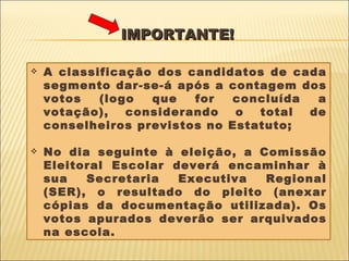 IMPORTANTE! A classificação dos candidatos de cada segmento dar-se-á após a contagem dos votos (logo que for concluída a votação), considerando o total de conselheiros previstos no Estatuto; No dia seguinte à eleição, a Comissão Eleitoral Escolar deverá encaminhar à sua Secretaria Executiva Regional (SER), o resultado do pleito (anexar cópias da documentação utilizada). Os votos apurados deverão ser arquivados na escola. 