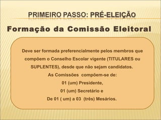 Formação da Comissão Eleitoral   Deve ser formada preferencialmente pelos membros que compõem o Conselho Escolar vigente (TITULARES ou SUPLENTES), desde que não sejam candidatos.  As Comissões  compõem-se de: 01 (um) Presidente,  01 (um) Secretário e  De 01 ( um) a 03  (três) Mesários.  