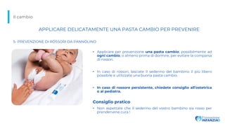 Il cambio
5- PREVENZIONE DI ROSSORI DA PANNOLINO
• Non aspettate che il sederino del vostro bambino sia rosso per
prendervene cura !
• Applicare per prevenzione una pasta cambio, possibilmente ad
ogni cambio, o almeno prima di dormire, per evitare la comparsa
di rossori.
• In caso di rossori, lasciate il sederino del bambino il più libero
possibile e utilizzate una buona pasta cambio.
• In caso di rossore persistente, chiedete consiglio all’ostetrica
o al pediatra.
APPLICARE DELICATAMENTE UNA PASTA CAMBIO PER PREVENIRE
Consiglio pratico
 