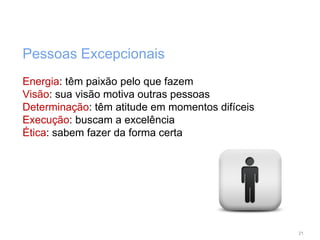 Pessoas Excepcionais
Energia: têm paixão pelo que fazem
Visão: sua visão motiva outras pessoas
Determinação: têm atitude em momentos difíceis
Execução: buscam a excelência
Ética: sabem fazer da forma certa




                                                 21
 