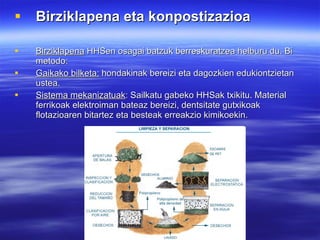 Birziklapena eta konpostizazioa   Birziklapena  HHSen osagai batzuk berreskuratzea helburu du. Bi metodo:  Gaikako bilketa:  hondakinak bereizi eta dagozkien edukiontzietan ustea. Sistema mekanizatuak : Sailkatu gabeko HHSak txikitu. Material ferrikoak elektroiman bateaz bereizi, dentsitate gutxikoak flotazioaren bitartez eta besteak erreakzio kimikoekin. 