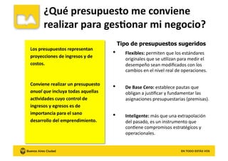 Los	
  presupuestos	
  representan	
  
proyecciones	
  de	
  ingresos	
  y	
  de	
  
costos.	
  
Conviene	
  realizar	
  un	
  presupuesto	
  
anual	
  que	
  incluya	
  todas	
  aquellas	
  
ac8vidades	
  cuyo	
  control	
  de	
  
ingresos	
  y	
  egresos	
  es	
  de	
  
importancia	
  para	
  el	
  sano	
  
desarrollo	
  del	
  emprendimiento.	
  
Tipo de presupuestos sugeridos
•  Flexibles:	
  permiten	
  que	
  los	
  estándares	
  
originales	
  que	
  se	
  uKlizan	
  para	
  medir	
  el	
  
desempeño	
  sean	
  modiﬁcados	
  con	
  los	
  
cambios	
  en	
  el	
  nivel	
  real	
  de	
  operaciones.	
  
•  De	
  Base	
  Cero:	
  establece	
  pautas	
  que	
  
obligan	
  a	
  jusKﬁcar	
  y	
  fundamentar	
  las	
  
asignaciones	
  presupuestarias	
  (premisas).	
  
•  Inteligente:	
  más	
  que	
  una	
  extrapolación	
  
del	
  pasado,	
  es	
  un	
  instrumento	
  que	
  
conKene	
  compromisos	
  estratégicos	
  y	
  
operacionales.	
  
¿Qué	
  presupuesto	
  me	
  conviene	
  
realizar	
  para	
  ges8onar	
  mi	
  negocio?	
  
 