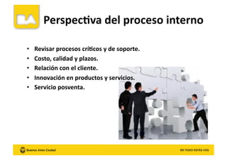Perspec8va	
  del	
  proceso	
  interno	
  
•  Revisar	
  procesos	
  crí8cos	
  y	
  de	
  soporte.	
  
•  Costo,	
  calidad	
  y	
  plazos.	
  
•  Relación	
  con	
  el	
  cliente.	
  
•  Innovación	
  en	
  productos	
  y	
  servicios.	
  
•  Servicio	
  posventa.	
  
 