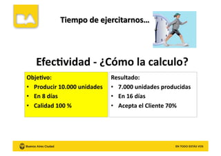 Efec8vidad	
  -­‐	
  ¿Cómo	
  la	
  calculo?	
  
Obje8vo:	
  
•  Producir	
  10.000	
  unidades	
  
•  En	
  8	
  días	
  
•  Calidad	
  100	
  %	
  
Resultado:	
  
•  7.000	
  unidades	
  producidas	
  
•  En	
  16	
  días	
  
•  Acepta	
  el	
  Cliente	
  70%	
  
 