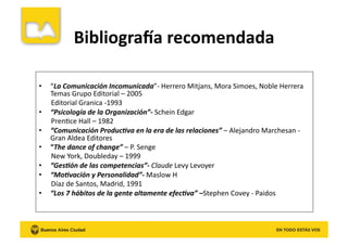 •  “La	
  Comunicación	
  Incomunicada”-­‐	
  Herrero	
  Mitjans,	
  Mora	
  Simoes,	
  Noble	
  Herrera	
  
Temas	
  Grupo	
  Editorial	
  –	
  2005	
  
	
  	
  	
  	
  	
  	
  	
  Editorial	
  Granica	
  -­‐1993	
  
•  “Psicología	
  de	
  la	
  Organización”-­‐	
  Schein	
  Edgar	
  
	
  	
  	
  	
  	
  	
  	
  PrenKce	
  Hall	
  –	
  1982	
  
•  “Comunicación	
  Produc:va	
  en	
  la	
  era	
  de	
  las	
  relaciones”	
  –	
  Alejandro	
  Marchesan	
  -­‐	
  
Gran	
  Aldea	
  Editores	
  
•  “The	
  dance	
  of	
  change”	
  –	
  P.	
  Senge	
  
	
  	
  	
  	
  	
  	
  	
  New	
  York,	
  Doubleday	
  –	
  1999	
  
•  “Ges:ón	
  de	
  las	
  competencias”-­‐	
  Claude	
  Levy	
  Levoyer	
  
•  “Mo:vación	
  y	
  Personalidad”-­‐	
  Maslow	
  H	
  
	
  	
  	
  	
  	
  	
  	
  Díaz	
  de	
  Santos,	
  Madrid,	
  1991	
  
•  “Los	
  7	
  hábitos	
  de	
  la	
  gente	
  altamente	
  efec:va”	
  –Stephen	
  Covey	
  -­‐	
  Paidos	
  
BibliograUa	
  recomendada	
  
 