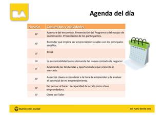 30’	
  
Apertura	
  del	
  encuentro.	
  Presentación	
  del	
  Programa	
  y	
  del	
  equipo	
  de	
  
coordinación.	
  Presentación	
  de	
  los	
  parKcipantes.	
  
50’	
  
Entender	
  qué	
  implica	
  ser	
  emprendedor	
  y	
  cuáles	
  son	
  los	
  principales	
  
desaXos.	
  	
  
15’	
  
Break	
  
30	
   La	
  sustentabilidad	
  como	
  demanda	
  del	
  nuevo	
  contexto	
  de	
  negocios.	
  
15’	
  
Analizando	
  las	
  tendencias	
  y	
  oportunidades	
  que	
  presenta	
  el	
  
mercado.	
  
20’	
  
Aspectos	
  claves	
  a	
  considerar	
  a	
  la	
  hora	
  de	
  emprender	
  y	
  de	
  evaluar	
  
el	
  potencial	
  de	
  mi	
  emprendimiento.	
  
10’	
  
Del	
  pensar	
  al	
  hacer:	
  la	
  capacidad	
  de	
  acción	
  como	
  clave	
  
emprendedora.	
  
10’	
   Cierre	
  del	
  Taller	
  
Agenda	
  del	
  día	
  
 