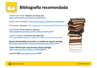 Charla Simon Sinek. Empezar con el por qué.
https://www.youtube.com/watch?v=sioZd3AxmnE
Charla Jobs en Standford. https://www.youtube.com/watch?v=Dclk49wrjeI
Paul Graham. Se bueno. http://paulgraham.es/ensayos/s%C3%A9-bueno.html
Paul Graham. Cómo Iniciar un start up.
http://paulgraham.es/ensayos/como-iniciar-una-startup.html
Jessica Livingston. Las cosas que salen mal.
http://andreidigital.wordpress.com/2012/10/28/las-cosas-que-salen-mal
Reporte Sustainability innovación en modelos de negocio sociales.
http://www.sustainability.com/library/model-behavior#.UzwRv_ldVSV
Charla TEDxChange Jorge Gronda y Rosario Quispe.
https://www.youtube.com/watch?v=W4BZRQlO6zs
Lista Inc 5000. http://www.inc.com/inc5000
 