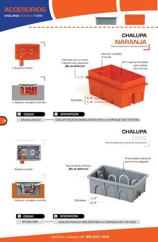 ACCESORIOS
CHALUPAS NARANJA Y GRIS




                                                                                                    CHALUPA
                                                                                            NARANJA
                                                                                        Recomendada para vivienda residencial


                                                                               Aisla por completo
                                                                               el tornillo
                                              Fabricada con un nuevo
                                              material más resistente                               Con mayor profundidad
                                                ¡No se deforma!                                              para realizar
      Acopla a presión                                                                                       los amarres.




                                                                     3/4”
                                                      Entradas:
      Aísla por completo el tornillo.                                1/2”



              CÓDIGO                         DESCRIPCIÓN

10          AP-CHALUPA-001                CHALUPA POLIFLEX NARANJA 95X57X35 mm EMPAQUE CON 100 PZAS.



                                                                                                    CHALUPA
                                                                                                             GRIS
                                                                                  Recomendada para vivienda de interés social




                                                                                                      Profundidad tradicional
                                                                                                      para muros delgados
                                                 Con borde de refuerzo
      Acopla a presión                             ¡No se deforma!




                                                                        1/2”
      Aísla por completo el tornillo.                    Entradas:
                                                                        3/4”



              CÓDIGO                         DESCRIPCIÓN
             AP-CHAL-GRIS                   CHALUPA POLIFLEX GRIS 95X57X50 mm EMPAQUE CON 100 PZAS.




                                        Atención a clientes: 01 800 633 7474
 