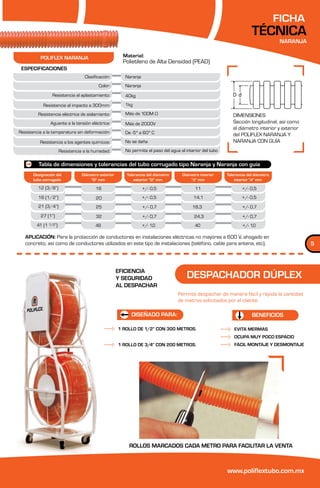 FICHA
                                                                                                                        TÉCNICA
                                                                                                                                      NARANJA

          POLIFLEX NARANJA                             Material:
                                                       Polietileno de Alta Densidad (PEAD)
 ESPECIFICACIONES
                                  Clasificación:        Naranja
                                         Color:         Naranja

                 Resistencia al aplastamiento:          40kg

            Resistencia al impacto a 300mm:             1kg

         Resistencia eléctrica de aislamiento:          Más de 100M Ω                                         DIMENSIONES
                Aguante a la tensión eléctrica:         Más de 2000V                                          Sección longitudinal, así como
                                                                                                              el diámetro interior y exterior
Resistencia a la temperatura sin deformación:           De -5º a 60º C                                        del POLIFLEX NARANJA Y
          Resistencia a los agentes químicos:           No se daña                                            NARANJA CON GUÍA
                      Resistencia a la humedad:         No permite el paso del agua al interior del tubo

         Tabla de dimensiones y tolerancias del tubo corrugado tipo Naranja y Naranja con guía
       Designación del           Diámetro exterior      Tolerancia del diámetro      Diámetro interior     Tolerancia del diámetro
       tubo corrugado                “D“ mm                 exterior “D“ mm              “d“ mm                interior “d“ mm

         12 (3/8”)                      16                        +/- 0,5                   11                     +/- 0,5
         16 (1/2”)                      20                        +/- 0,5                  14,1                    +/- 0,5
         21 (3/4”)                      25                        +/- 0,7                 18,3                     +/- 0,7
           27 (1”)                      32                        +/- 0,7                  24,3                    +/- 0,7
        41 (1 1/2”)                     49                        +/- 1,0                   40                     +/- 1,0

   APLICACIÓN: Para la protección de conductores en instalaciones eléctricas no mayores a 600 V, ahogado en
   concreto, así como de conductores utilizados en este tipo de instalaciones (teléfono, cable para antena, etc).                               5



                                                     EFICIENCIA
                                                     Y SEGURIDAD                       DESPACHADOR DÚPLEX
                                                     AL DESPACHAR
                                                                                   Permite despachar de manera fácil y rápida la cantidad
                                                                                   de metros solicitados por el cliente.

                                                           DISEÑADO PARA:                                               BENEFICIOS

                                                     1 ROLLO DE 1/2” CON 300 METROS.                           EVITA MERMAS
                                                                                                               OCUPA MUY POCO ESPACIO
                                                     1 ROLLO DE 3/4” CON 200 METROS.                           FÁCIL MONTAJE Y DESMONTAJE




                                                         ROLLOS MARCADOS CADA METRO PARA FACILITAR LA VENTA



                                                                                                           www.poliflextubo.com.mx
 
