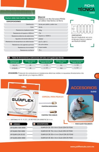 FICHA
                                                                                                                   TÉCNICA
                                                                                                                                  VERDE

                                                      Material:
POLIFLEX VERDE PARA PLAFÓN Y TABLA ROCA               Polietileno de Alta Densidad (PEAD)
 ESPECIFICACIONES                                     con aditivo retardante a la flama
                                  Clasificación:      Verde para plafón y tabla roca
                                          Color:      Verde

                Resistencia al aplastamiento:         40kg

            Resistencia al impacto a 300mm:           1kg

         Resistencia eléctrica de aislamiento:        Superior a 100M Ω                                 DIMENSIONES
                                                                                                        Sección longitudinal, así como
                Aguante a la tensión eléctrica:       2000V                                             el diámetro interior y exterior
Resistencia a la temperatura sin deformación:         De 5º a 90º C                                     del POLIFLEX VERDE

          Resistencia a los agentes químicos:         No sufre daños

                      Resistencia a la humedad:       Impermeable

                         Resistencia a la flama:      15 s




          Tabla de dimensiones y tolerancias del tubo corrugado tipo Verde
       Designación del           Diámetro exterior     Tolerancia del diámetro    Diámetro interior   Tolerancia del diámetro
       tubo corrugado                “D“ mm                exterior “D“ mm            “d“ mm              interior “d“ mm

          16 (1/2”)                     20                     +/- 0,5                  14,1                 +/- 0,5

          21 (3/4”)                     25                     +/- 0,7                  18,3                 +/- 0,7


    APLICACIÓN: Protección de conductores en instalaciones eléctricas visibles no expuestas directamente a los
                 rayos del sol, y no mayores a 600 V.                                                                                     9




                                                                                                       ACCESORIOS
                                                                                                                                    GUÍAS

                                                              ESPECIAL PARA POLIFLEX




                                                             PUNTERA BUSCADORA




                                                             PUNTERA TIRA CABLES


       DISPONIBLE EN 10, 15, 20 y 30 METROS CON DIÁMETRO DE 4 mm.


            CÓDIGO                                   DESCRIPCIÓN                                              PARA GUIAR FÁCILMENTE

       AP-GUIAN-10M 4MM                                     GUIAFLEX DE 10m 4mm CAJA CON 50 PZAS

       AP-GUIAN-15M 4MM                                     GUIAFLEX DE 15m 4mm CAJA CON 40 PZAS

       AP-GUINYLON 20-30                                    GUIAFLEX DE 20m 4 mm CAJA CON 30 PZAS

       AP-GUIAN-30M 4MM                                     GUIAFLEX DE 30m 4mm CAJA CON 25 PZAS




                                                                                                      www.poliflextubo.com.mx
 