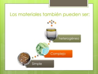 Los materiales también pueden ser:




                      heterogéneo



                  Complejo


         Simple
 