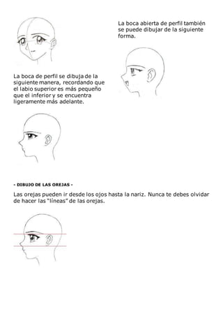 La boca de perfil se dibuja de la
siguiente manera, recordando que
el labio superior es más pequeño
que el inferior y se encuentra
ligeramente más adelante.
La boca abierta de perfil también
se puede dibujar de la siguiente
forma.
- DIBUJO DE LAS OREJAS -
Las orejas pueden ir desde los ojos hasta la nariz. Nunca te debes olvidar
de hacer las “líneas” de las orejas.
 