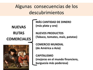Algunas consecuencias de los
descubrimientos
NUEVAS
RUTAS
COMERCIALES
MÁS CANTIDAD DE DINERO
(más plata y oro)
NUEVOS PRODUCTOS
(Tabaco, tomates, maíz, patatas)
COMERCIO MUNDIAL
(de América a Asia)
CAPITALISMO
(mejoras en el mundo financiero,
burguesía más poderosa)
 