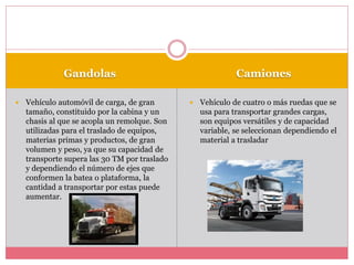 Gandolas Camiones
 Vehículo automóvil de carga, de gran
tamaño, constituido por la cabina y un
chasis al que se acopla un remolque. Son
utilizadas para el traslado de equipos,
materias primas y productos, de gran
volumen y peso, ya que su capacidad de
transporte supera las 30 TM por traslado
y dependiendo el número de ejes que
conformen la batea o plataforma, la
cantidad a transportar por estas puede
aumentar.
 Vehículo de cuatro o más ruedas que se
usa para transportar grandes cargas,
son equipos versátiles y de capacidad
variable, se seleccionan dependiendo el
material a trasladar
 