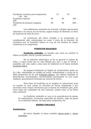 Fundición corriente para maquinaria 12 24
140 - 160
Fundición especial 20 40 180 -
200
Fundición de primera categoría 26 46 200 –
220
Los coeficientes anteriores de tracción y flexión representan
esfuerzos a la rotura; los de dureza, según ensayo de Brinnell, es decir
de imprenta de bola de acero.
La resistencia del fierro fundido a la compresión es
notablemente alta, estimándose en unas 4 veces de la tracción. Se
considera que la fundición blanca es uno de los metales de mayor
resistencia a la compresión.
FUNDICION MALEABLE
Fundición maleable, es aquella, que como su nombre lo
indica es flexible, dúctil y puede laminarse.
En la industria siderúrgica se da en general el epíteto de
dulce, a aquel metal que es más blando que otro, o que es dúctil y
maleable, por esta razón a esta clase de fundición se le llama también
fundición dulce.
Se prepara fundiendo un lingote de característica pobre en
Si y Mn, colocándolo en moldes de arena, obteniéndose a causa de la
débil proporción de Si una fundición blanca. Los objetos fundidos se
descarburan recociéndolos, envolviéndolos previamente en una masa
oxidante, generalmente formada por mineral de hierro.
Esta clase de fundición no se emplea en estructuras; pero
en cambio es muy usada en artículos de forma complicada y que
necesitan tener mayor resistencia que si fueran de fundición gris, pues
tiene todas las cualidades de este material, siendo como se ha dicho
más resistente.
La fundición maleable se usa en la manufactura de piezas
de maquinarias, accesorios especiales de tubería, cajas de grasa
en el material rodante, herrajes para carpintería, etc.
HIERRO FORJABLE
Fundiciones.-
El hierro forjable se llama también hierro dulce y hierro
pudelado.
 
