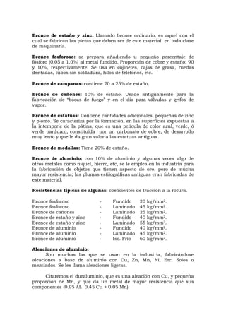 Bronce de estaño y zinc: Llamado bronce ordinario, es aquel con el
cual se fabrican las piezas que deben ser de este material, en toda clase
de maquinaria.
Bronce fosforoso: se prepara añadiendo u pequeño porcentaje de
fósforo (0.05 a 1.0%) al metal fundido. Proporción de cobre y estaño; 90
y 10%, respectivamente. Se usa en cojinetes, cajas de grasa, ruedas
dentadas, tubos sin soldadura, hilos de teléfonos, etc.
Bronce de campanas: contiene 20 a 25% de estaño.
Bronce de cañones: 10% de estaño. Usado antiguamente para la
fabricación de “bocas de fuego” y en el día para válvulas y grifos de
vapor.
Bronce de estatuas: Contiene cantidades adicionales, pequeñas de zinc
y plomo. Se caracteriza por la formación, en las superficies expuestas a
la intemperie de la pátina, que es una película de color azul, verde, ó
verde parduzco, constituida por un carbonato de cobre, de desarrollo
muy lento y que le da gran valor a las estatuas antiguas.
Bronce de medallas: Tiene 20% de estaño.
Bronce de aluminio: con 10% de aluminio y algunas veces algo de
otros metales como níquel, hierro, etc, se le emplea en la industria para
la fabricación de objetos que tienen aspecto de oro, pero de mucha
mayor resistencia; las plumas estilográficas antiguas eran fabricadas de
este material.
Resistencias típicas de algunas: coeficientes de tracción a la rotura.
Bronce fosforoso - Fundido 20 kg/mm2.
Bronce fosforoso - Laminado 45 kg/mm2.
Bronce de cañones - Laminado 25 kg/mm2.
Bronce de estaño y zinc - Fundido 40 kg/mm2.
Bronce de estaño y zinc - Laminado 55 kg/mm2.
Bronce de aluminio - Fundido 40 kg/mm2.
Bronce de aluminio - Laminado 45 kg/mm2.
Bronce de aluminio - Isc. Frío 60 kg/mm2.
Aleaciones de aluminio:
Son muchas las que se usan en la industria, fabricándose
aleaciones a base de aluminio con Cu, Zn, Mn, Ni, Etc. Solos o
mezclados. Se les llama aleaciones ligeras.
Citaremos el duraluminio, que es una aleación con Cu, y pequeña
proporción de Mn, y que da un metal de mayor resistencia que sus
componentes (0.95 AL 0.45 Cu + 0.05 Mn).
 
