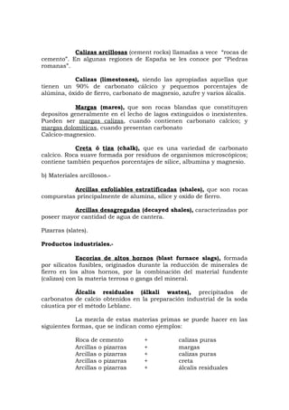 Calizas arcillosas (cement rocks) llamadas a vece “rocas de
cemento”. En algunas regiones de España se les conoce por “Piedras
romanas”.
Calizas (limestones), siendo las apropiadas aquellas que
tienen un 90% de carbonato cálcico y pequemos porcentajes de
alúmina, óxido de fierro, carbonato de magnesio, azufre y varios álcalis.
Margas (mares), que son rocas blandas que constituyen
depositos generalmente en el lecho de lagos extinguidos o inexistentes.
Pueden ser margas calizas, cuando contienen carbonato calcico; y
margas dolomíticas, cuando presentan carbonato
Calcico-magnesico.
Creta ó tiza (chalk), que es una variedad de carbonato
calcico. Roca suave formada por residuos de organismos microscópicos;
contiene también pequeños porcentajes de sílice, albumina y magnesio.
b) Materiales arcillosos.-
Arcillas exfoliables estratificadas (shales), que son rocas
compuestas principalmente de alumina, sílice y oxido de fierro.
Arcillas desagregadas (decayed shales), caracterizadas por
poseer mayor cantidad de agua de cantera.
Pizarras (slates).
Productos industriales.-
Escorias de altos hornos (blast furnace slags), formada
por silicatos fusibles, originados durante la reducción de minerales de
fierro en los altos hornos, por la combinación del material fundente
(calizas) con la materia terrosa o ganga del mineral.
Álcalis residuales (álkali wastes), precipitados de
carbonatos de calcio obtenidos en la preparación industrial de la soda
cáustica por el método Leblanc.
La mezcla de estas materias primas se puede hacer en las
siguientes formas, que se indican como ejemplos:
Roca de cemento + calizas puras
Arcillas o pizarras + margas
Arcillas o pizarras + calizas puras
Arcillas o pizarras + creta
Arcillas o pizarras + álcalis residuales
 